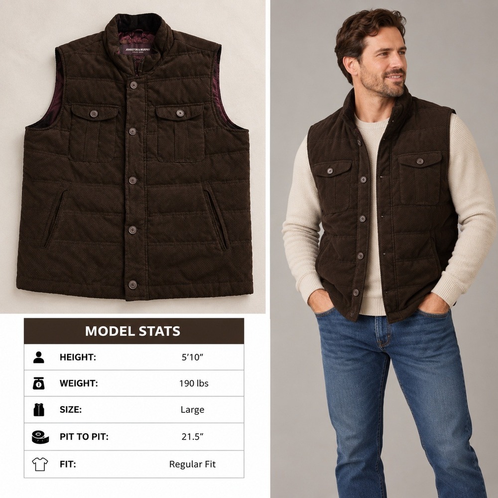Johnston & Murphy Mens Brown Perforated Quilted Vest Large 49-1304 Puffer Jacket